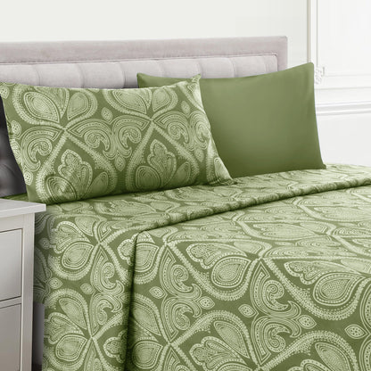 Bed Sheet Set Paisley Brushed Polyester in 4- or 6-Piece Sizing with 16-Inch Pocket and Wash Instructions