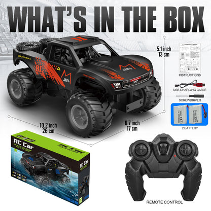 RC Monster Truck or Pickup 1:16 Scale in Five Body and Color Styles with 4WD Layout and Two Rechargeable Batteries