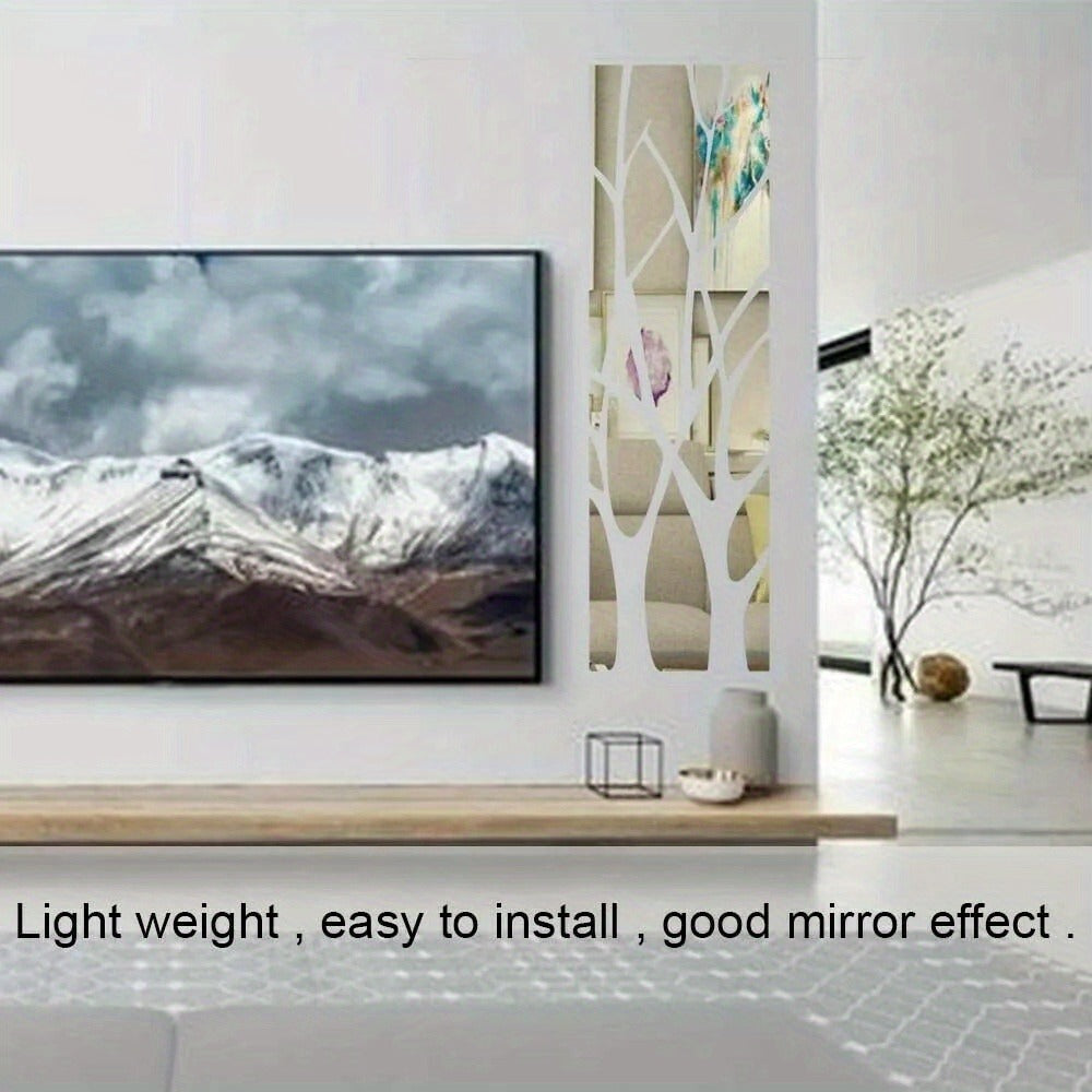 Silver Acrylic Mirror Tree Wall Decal with Branch and Leaf Pieces for a 39.4 x 11.02 in Layout