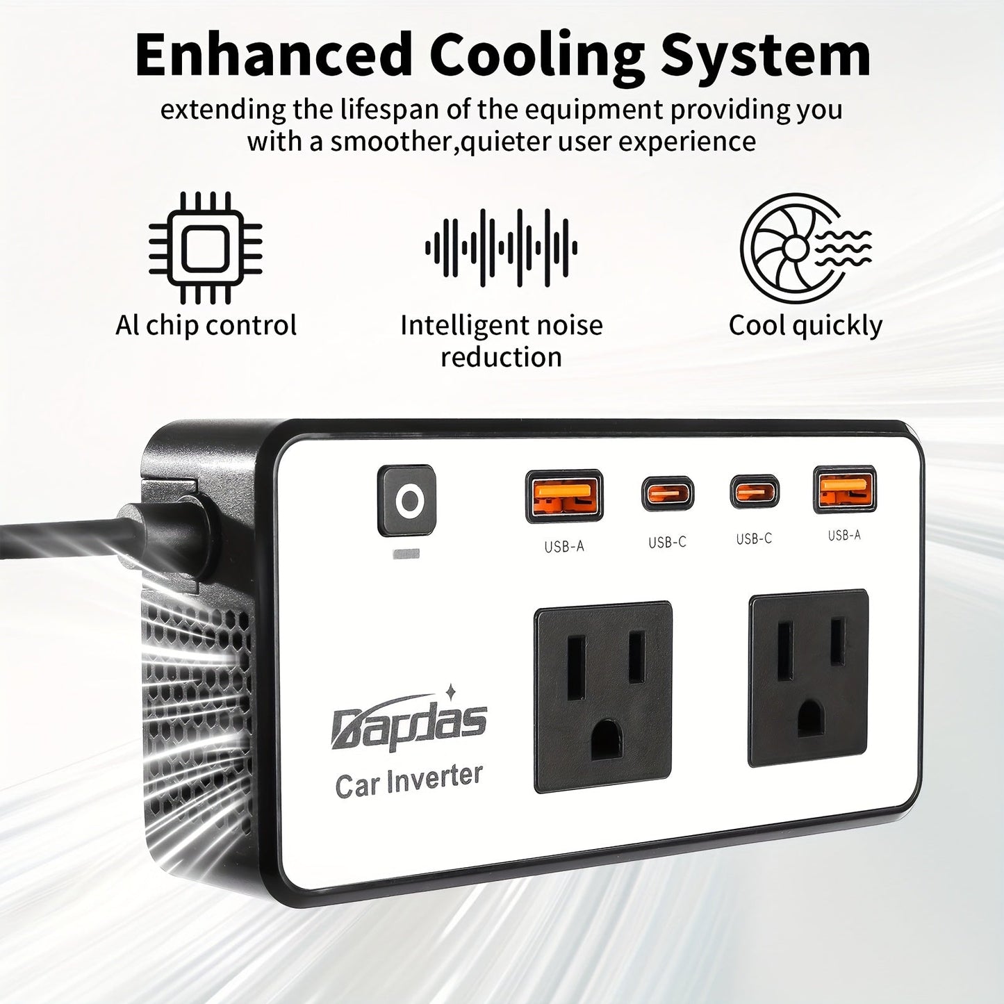 Car Inverter 200W DC 12V to AC 110V with Dual AC Outlets 24W USB-C Fast Charging 4 USB Ports Portable Laptop Phone Charger Adapter for Car Truck RV Travel