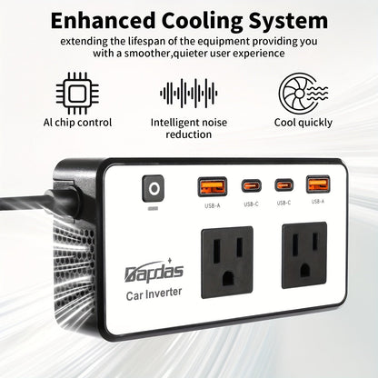 Car Inverter 200W DC 12V to AC 110V with Dual AC Outlets 24W USB-C Fast Charging 4 USB Ports Portable Laptop Phone Charger Adapter for Car Truck RV Travel