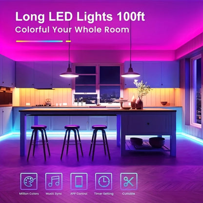 100ft RGB LED Strip Light Kit with Two 50ft Rolls, App Control, 44-Key Remote and 24V Adapter