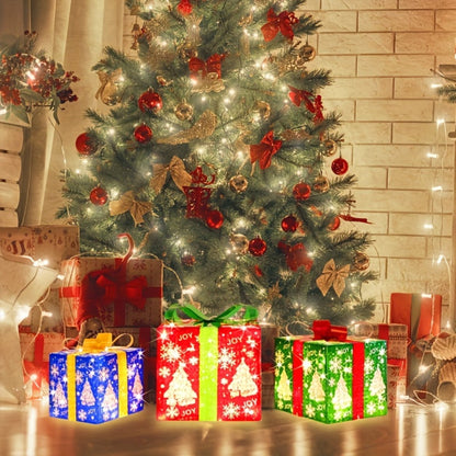 Three-Piece Lighted Gift Box Decoration Set with LED String Lights, Bow Handles and Four Holiday Style Options