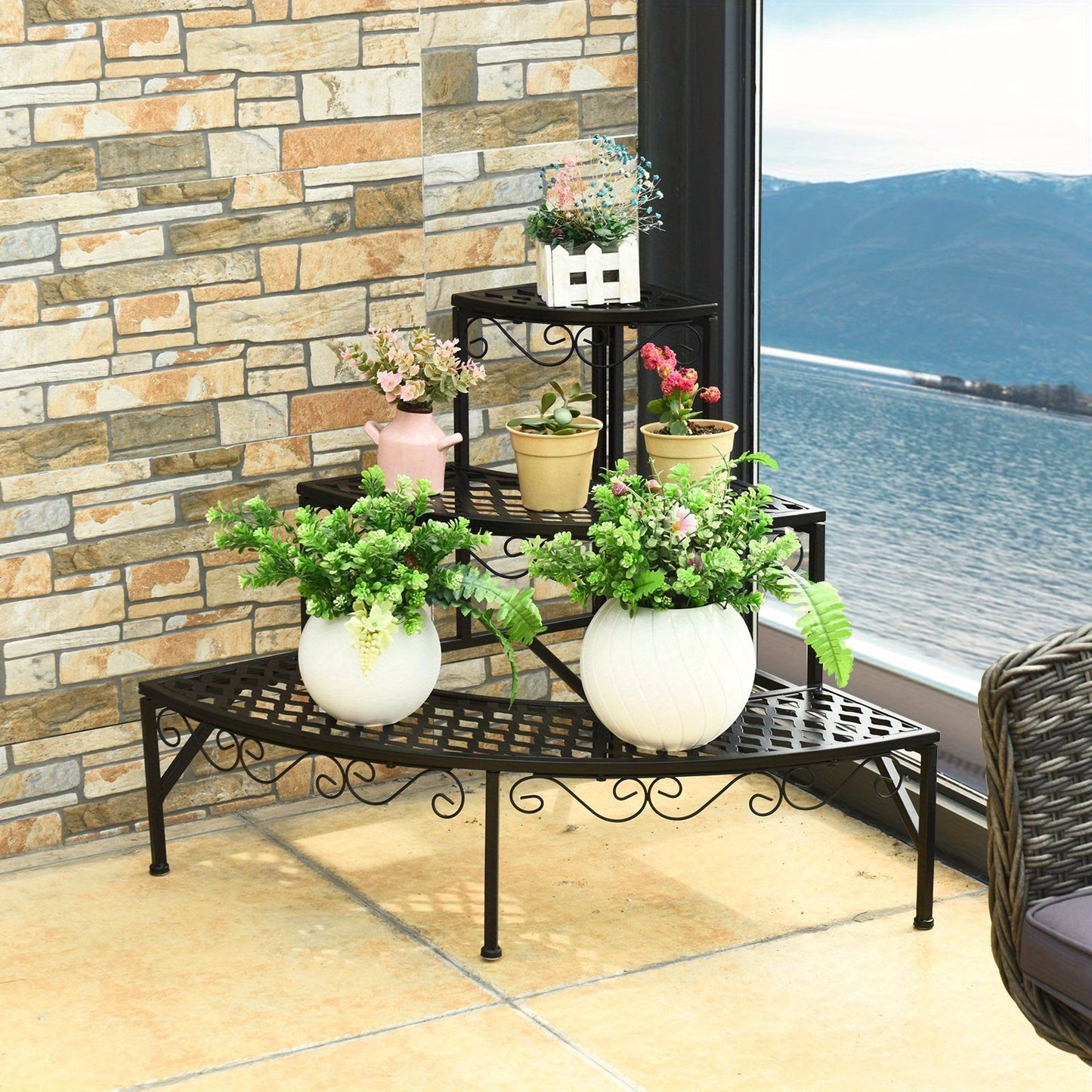 Plant Stand 3 Tier Metal Corner Ladder Shelf – Fan-Shaped Flower Rack with Non-Slip Feet for Indoor & Outdoor Patio, Balcony, Living Room Garden Display