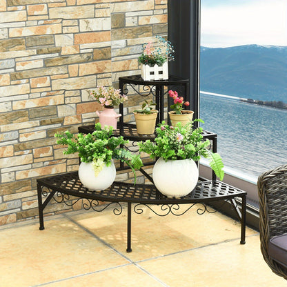Plant Stand 3 Tier Metal Corner Ladder Shelf – Fan-Shaped Flower Rack with Non-Slip Feet for Indoor & Outdoor Patio, Balcony, Living Room Garden Display