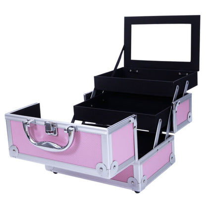 Tabletop Makeup Carry Case with Mirror, Fold-Out Trays and Dividers in Black, Silver or Pink