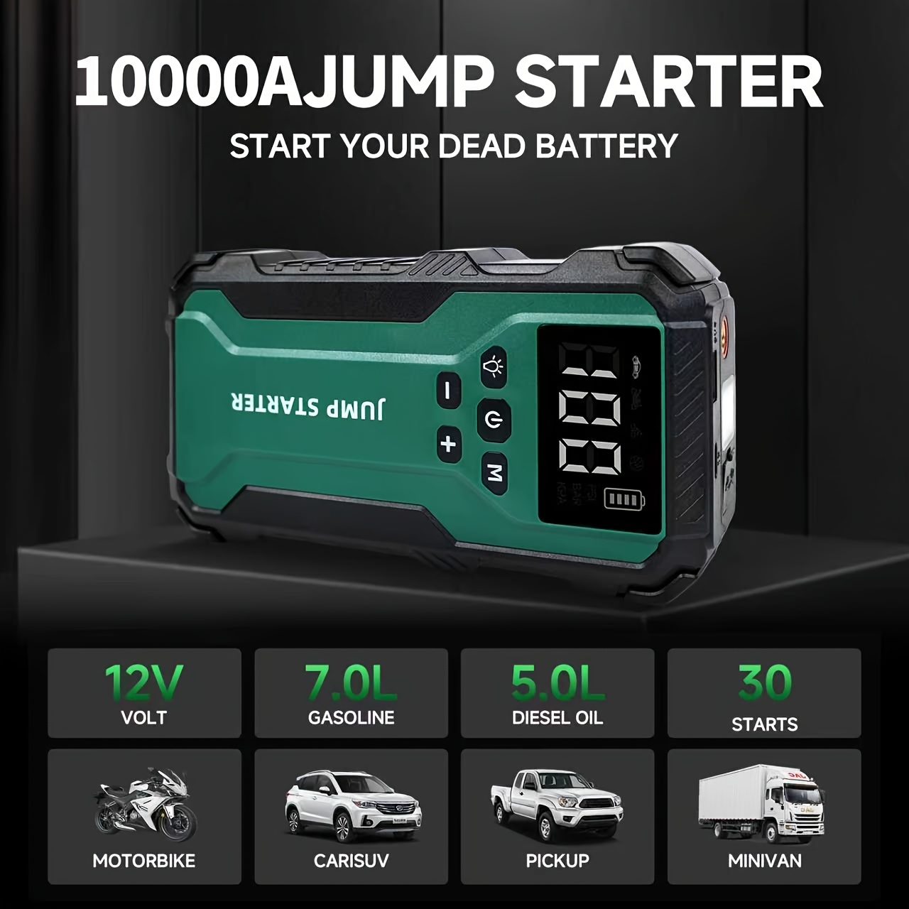 10000A Car Jump Starter with 12V Clamps, LED Light and Optional Integrated Air Pump in Red, Green or Gray