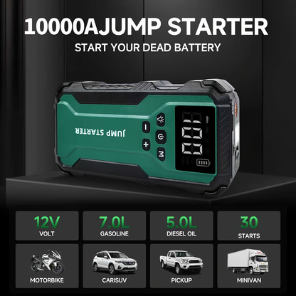 10000A Car Jump Starter with 12V Clamps, LED Light and Optional Integrated Air Pump in Red, Green or Gray