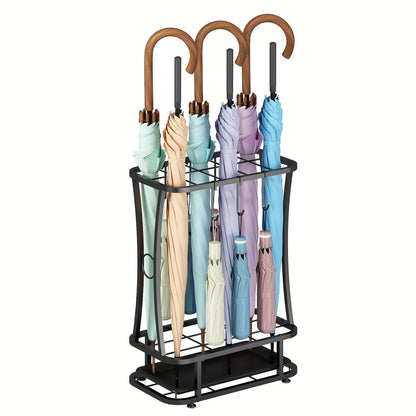 Freestanding Black Metal Umbrella Stand with Four Hanging Slots and Removable Bottom Drip Tray