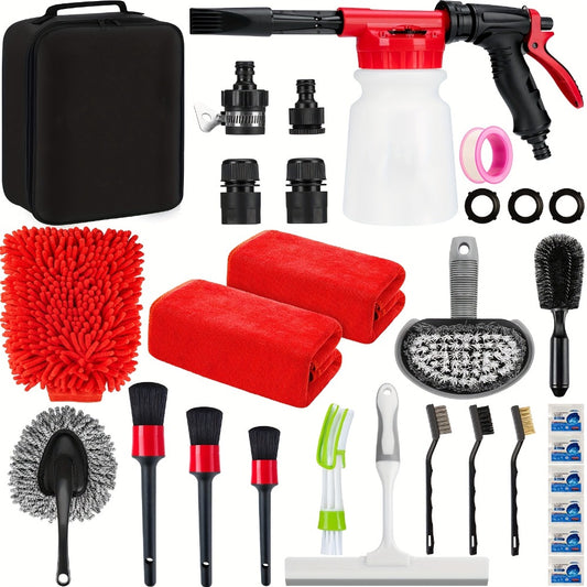 26/42-Piece Complete Car Wash & Detailing Kit – Foam Spray Gun, Portable Vacuum, Windshield Cleaner, Tire Brush, Detail Brushes & Towels for Interior & Exterior Car Cleaning