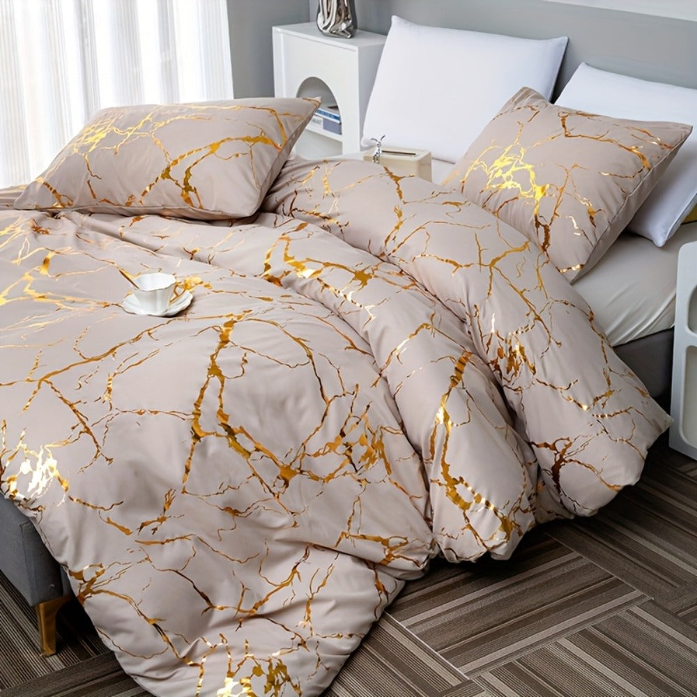 3-Piece Duvet Cover Set with Bronzed-Look Marble Vein Print in White, Khaki or Black and Four Sizes