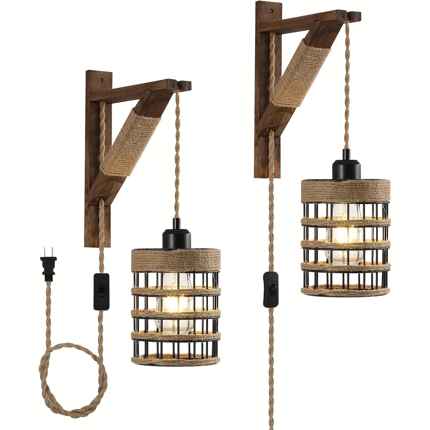 Plug-In Cage Wall Sconce with Wooden Bracket, 250 cm Cord and Single or Two-Piece Farmhouse Options