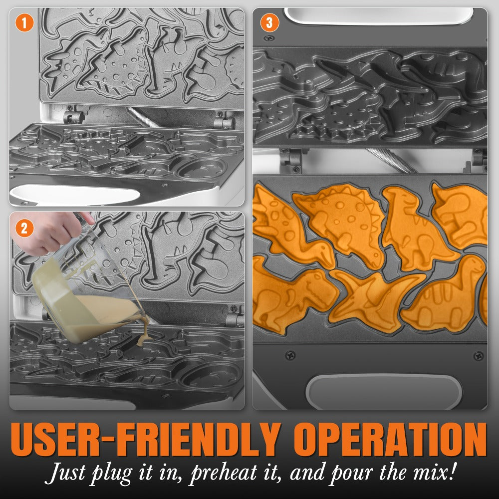 Compact Character Waffle Maker with Dinosaur, Car or Monster Clamshell Plate Style Options