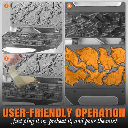 Compact Character Waffle Maker with Dinosaur, Car or Monster Clamshell Plate Style Options