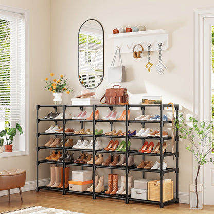 Shoe Rack 4-Row 9-Tier Metal Organizer for Up to 64 Pairs with Modular Black Freestanding Design