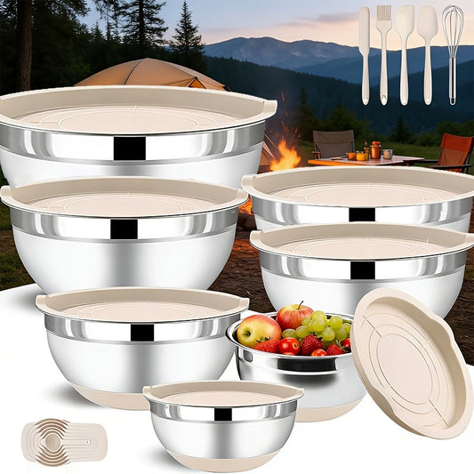 Stainless Steel Mixing Bowls Set with Airtight Lids 7 Piece, Stackable Nesting Bowls with Measuring Spoons Whisk Spatula Tongs Basting Brush, Dishwasher Safe Kitchen Bowls for Cooking Baking Camping Travel