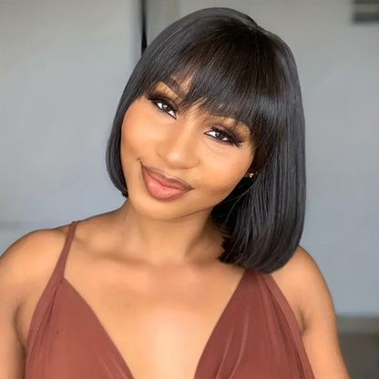 Brazilian Human Hair Bob Wig No Glue 200% Density Full Machine Made Straight with Bangs for Women | Natural Black 8 10 12 16 Inch | Glueless Beginner Friendly