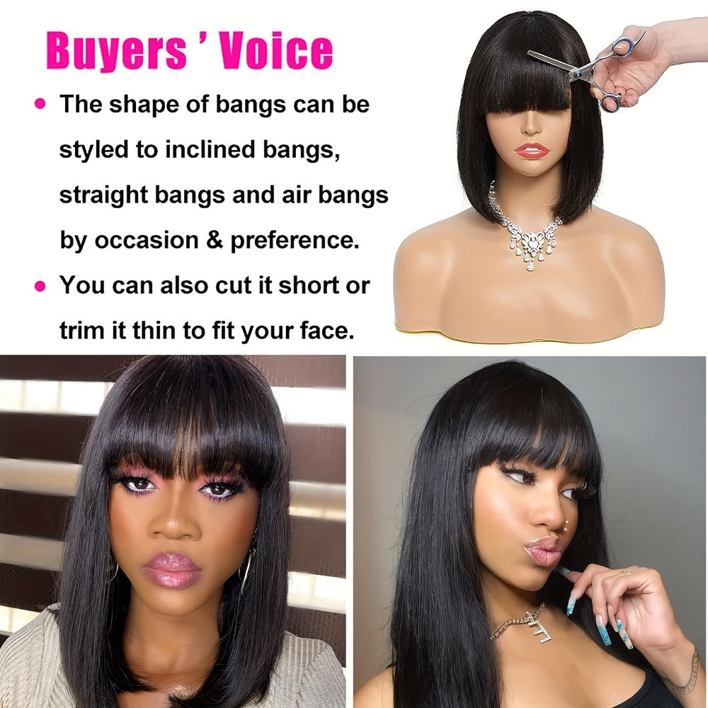 Straight Bob Human Hair Wig with Full Bangs, 250% Density, Rose Net Cap and 10-18 Inch Lengths