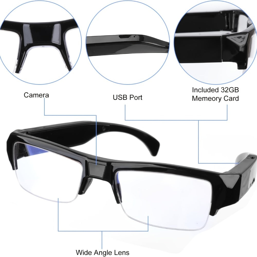 1080p HD Video Glasses 65° Wide Angle - One-Button Sports Camera Glasses, Wearable Body Cam, 120-Min Battery, 32GB & 64GB Options, Driving Cycling Meeting Recording