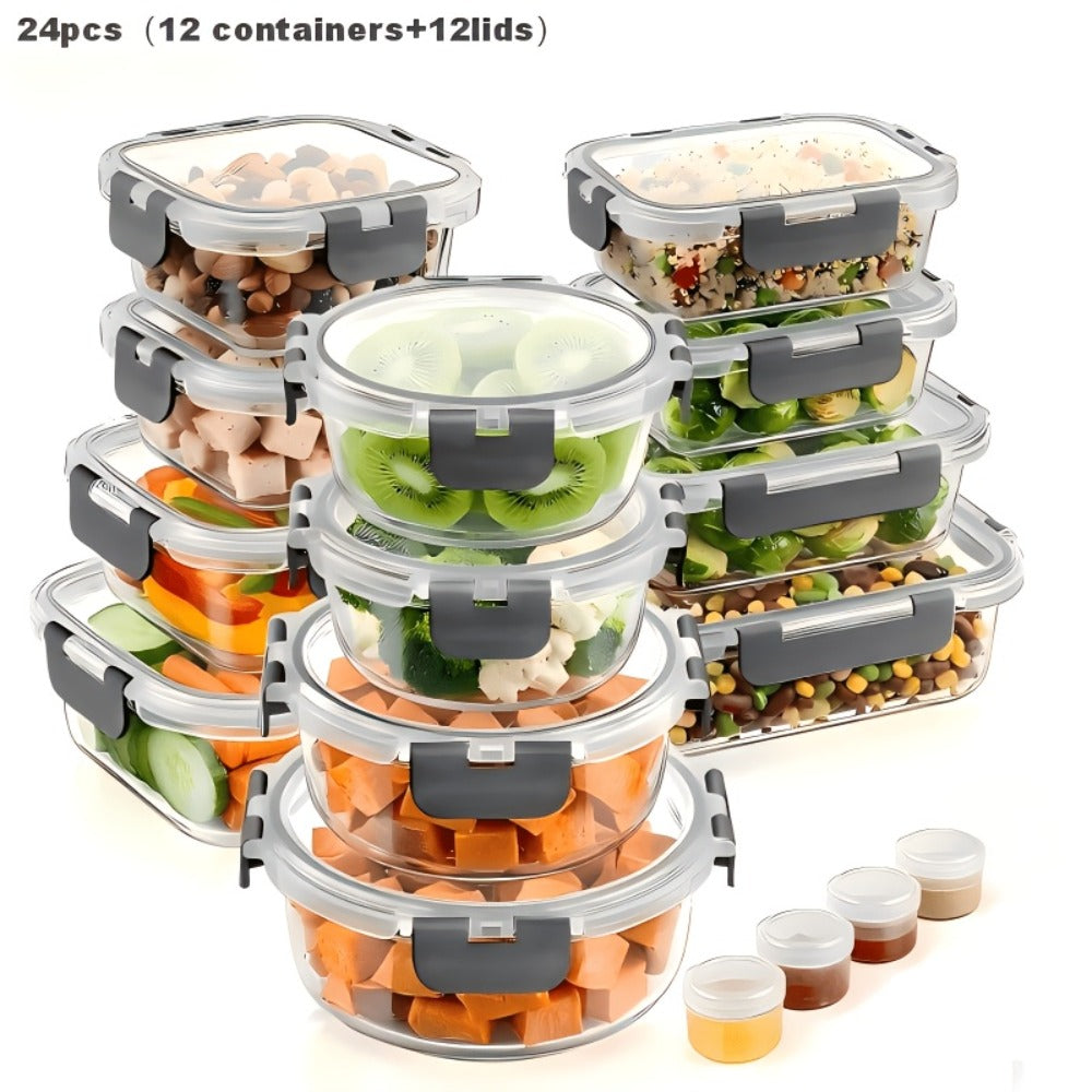Glass Meal Prep Containers 24-Piece with Lids 12 Containers 12 Lids Leak-Proof Airtight Food Storage Microwave Oven Dishwasher Refrigerator Safe Bento Lunch Box Grey