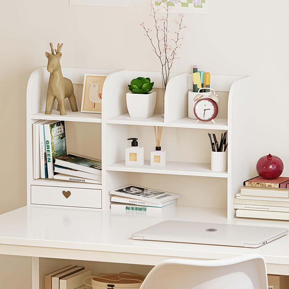 White Two-Tier Desktop Organizer Shelf with Multiple Compartments, Heart Drawer and 50 cm Wide Top