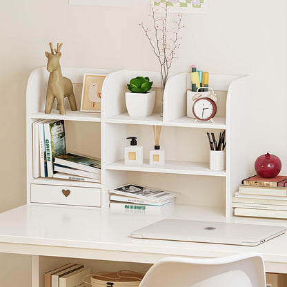 White Two-Tier Desktop Organizer Shelf with Multiple Compartments, Heart Drawer and 50 cm Wide Top