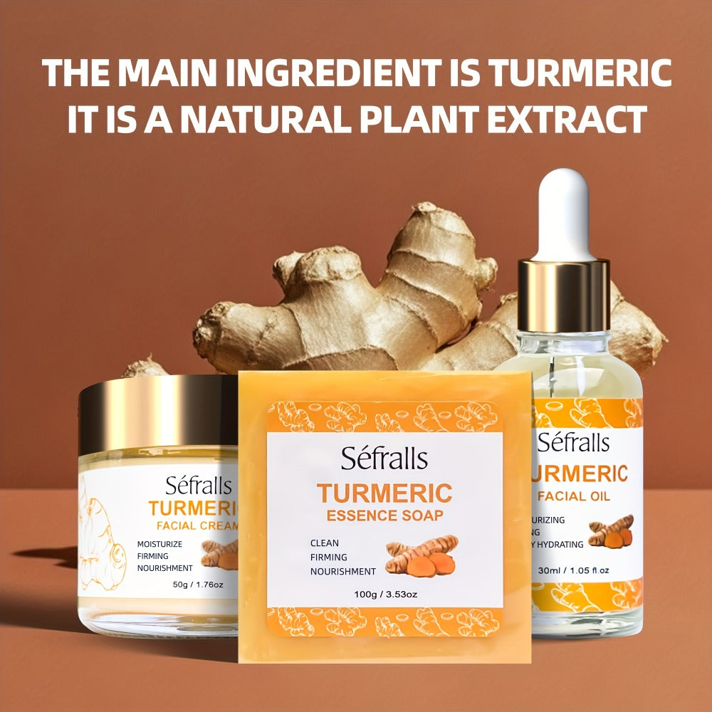 Three-Piece Turmeric-Labeled Skin Care Set with 100 g Soap, 50 g Cream and 1.01 oz Oil for Daily Routines
