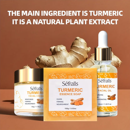 Three-Piece Turmeric-Labeled Skin Care Set with 100 g Soap, 50 g Cream and 1.01 oz Oil for Daily Routines