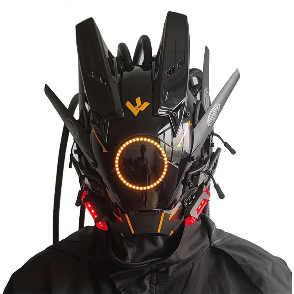 LED Braided Cyberpunk Costume Helmet with Circular Face Light and Blue, Green or Pink Accent Styles