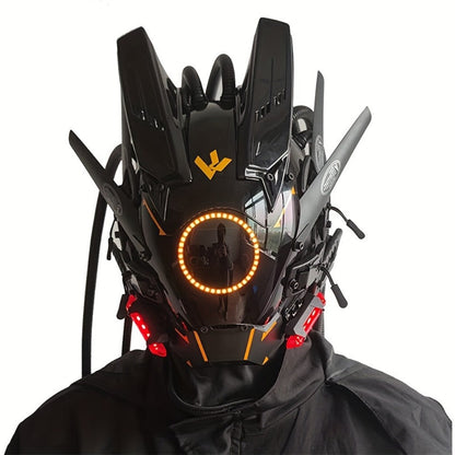 LED Braided Cyberpunk Costume Helmet with Circular Face Light and Blue, Green or Pink Accent Styles