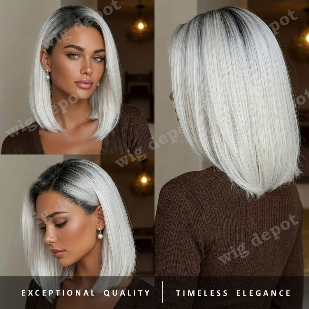 U Part Lace Front Bob Wig 4x1 Glueless Rose Net Cap Middle Part Natural Hairline Synthetic Wig for Women 14 Inch Brown Highlights Milky White Black Pink