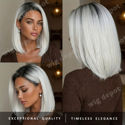 U Part Lace Front Bob Wig 4x1 Glueless Rose Net Cap Middle Part Natural Hairline Synthetic Wig for Women 14 Inch Brown Highlights Milky White Black Pink