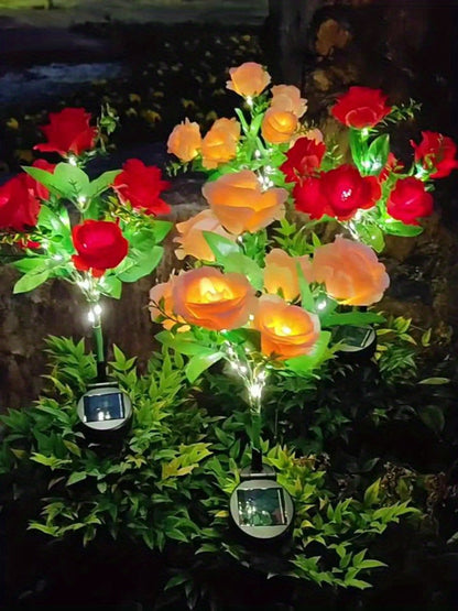 Solar Rose Garden Stake Lights with Separate Panels, Two Stakes and 14 Flowers in Red or Pink