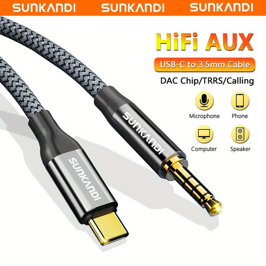 USB C to 3.5mm Audio Adapter with DAC Chip | SUNKANDI TRRS Headphone Jack Converter for iPhone 15 16 Galaxy S24 S23 iPad MacBook & All USB-C Devices – Hi-Fi Car Stereo Cord