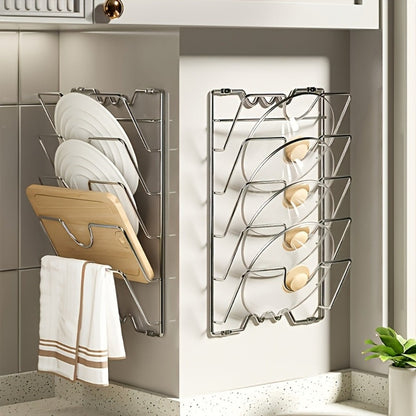 Wall-Mount Pot Lid Kitchen Organizer with Six-Tier Metal Rack for Cabinet Doors or Kitchen Walls