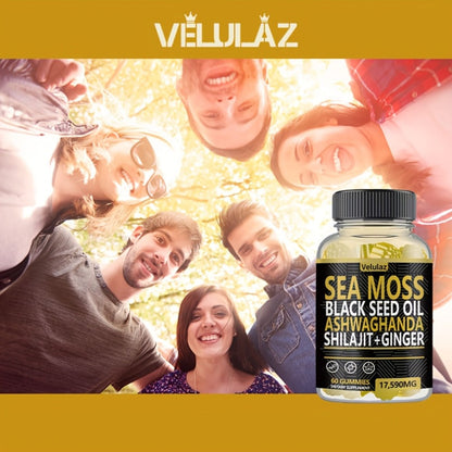 Sea Moss Herbal Gummies, 60 Count with Black Seed Oil, Ashwagandha, Shilajit and Ginger Blend