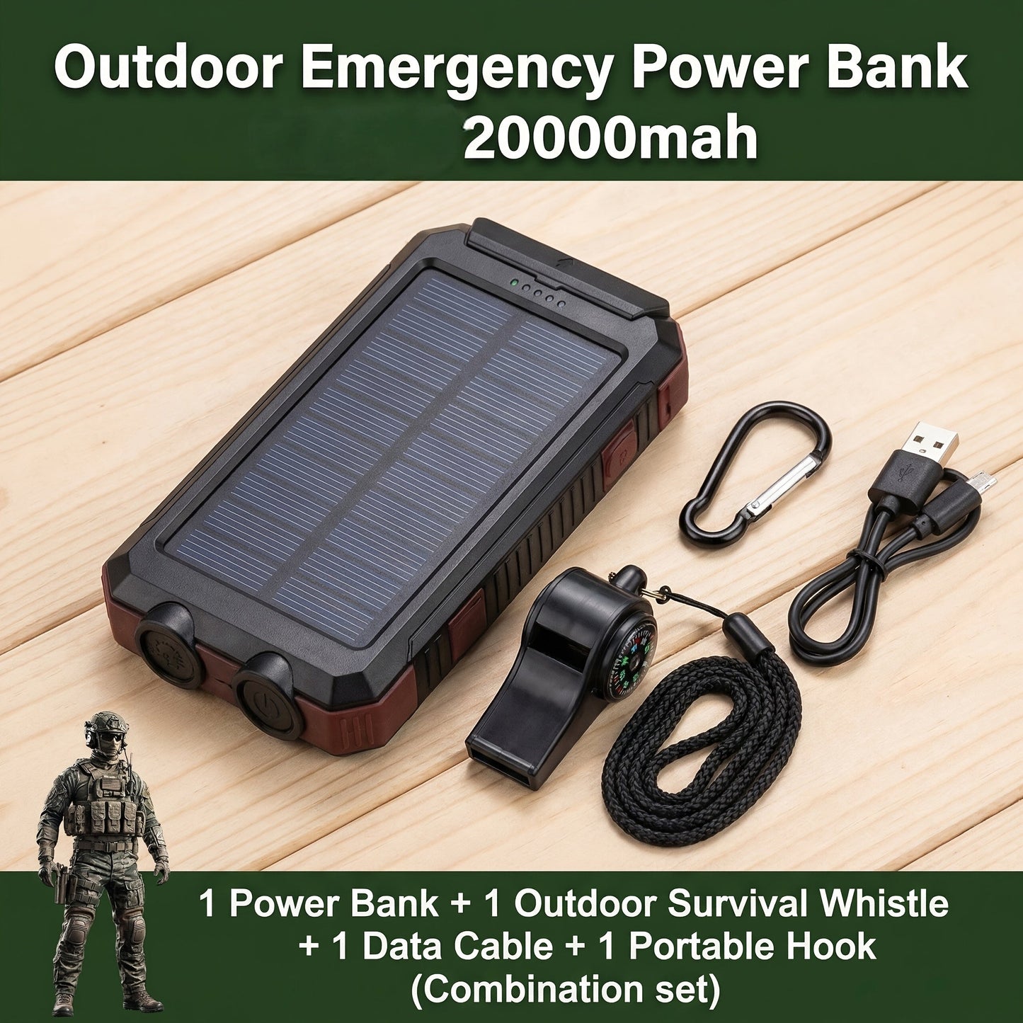 Solar Power Bank 20000mAh Outdoor Portable Charger with LED Flashlight SOS Compass & Carabiner Hook – Dual USB Waterproof Battery Pack for Camping Hiking Backpacking Emergency Survival Gear Gift