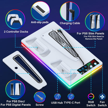 10 RGB Lights PS5 Cooling Stand with 3-Level Fan, Dual Controller Charging Station, USB Hub & Type-C Port – Compatible with PS5 / PS5 Slim / PS5 Pro Standard & Disc/Digital Edition