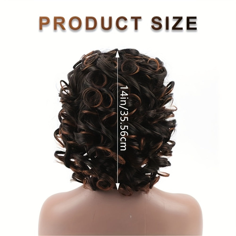 Kinky Curly Afro Wig with Bangs 14 Inch Synthetic Ombre 2 Tone Black Brown Golden Natural Volume | Daily Wear Hair Replacement Wig for Black Women
