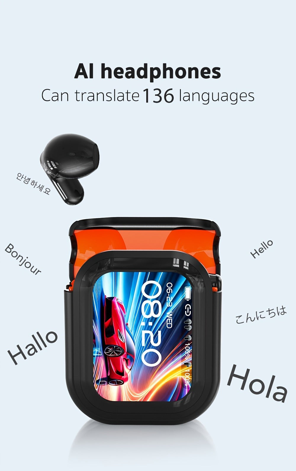 AI Translation Earbuds with Color Touchscreen Charging Case in Black or White and Five Bundle Options