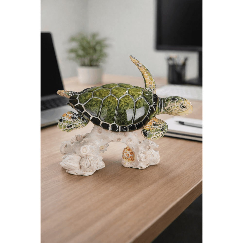 Sea Turtle Figurine with Upward-Swimming Polyresin Form, Coral-Style Base and 4.75 x 3.5 x 3.5-Inch Size