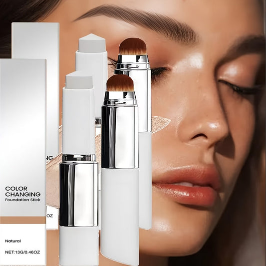 Skin Tone Adapting Color-Changing Foundation Stick 2-Piece with Built-In Brush & Puff — Lightweight Matte Finish Sheer to Buildable Coverage Everyday Makeup for Women Ivory White Natural & Dark Skin