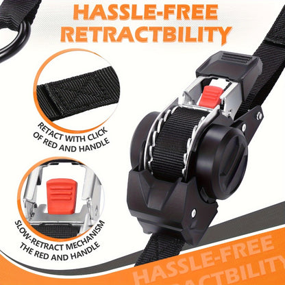 Ratchet Tie-Down Straps with Auto-Retract & Speed Control – Heavy-Duty Cargo Securing Kit with Hooks & Storage Bag | Motorcycle Transport, Towing & Truck Bed Load Securing