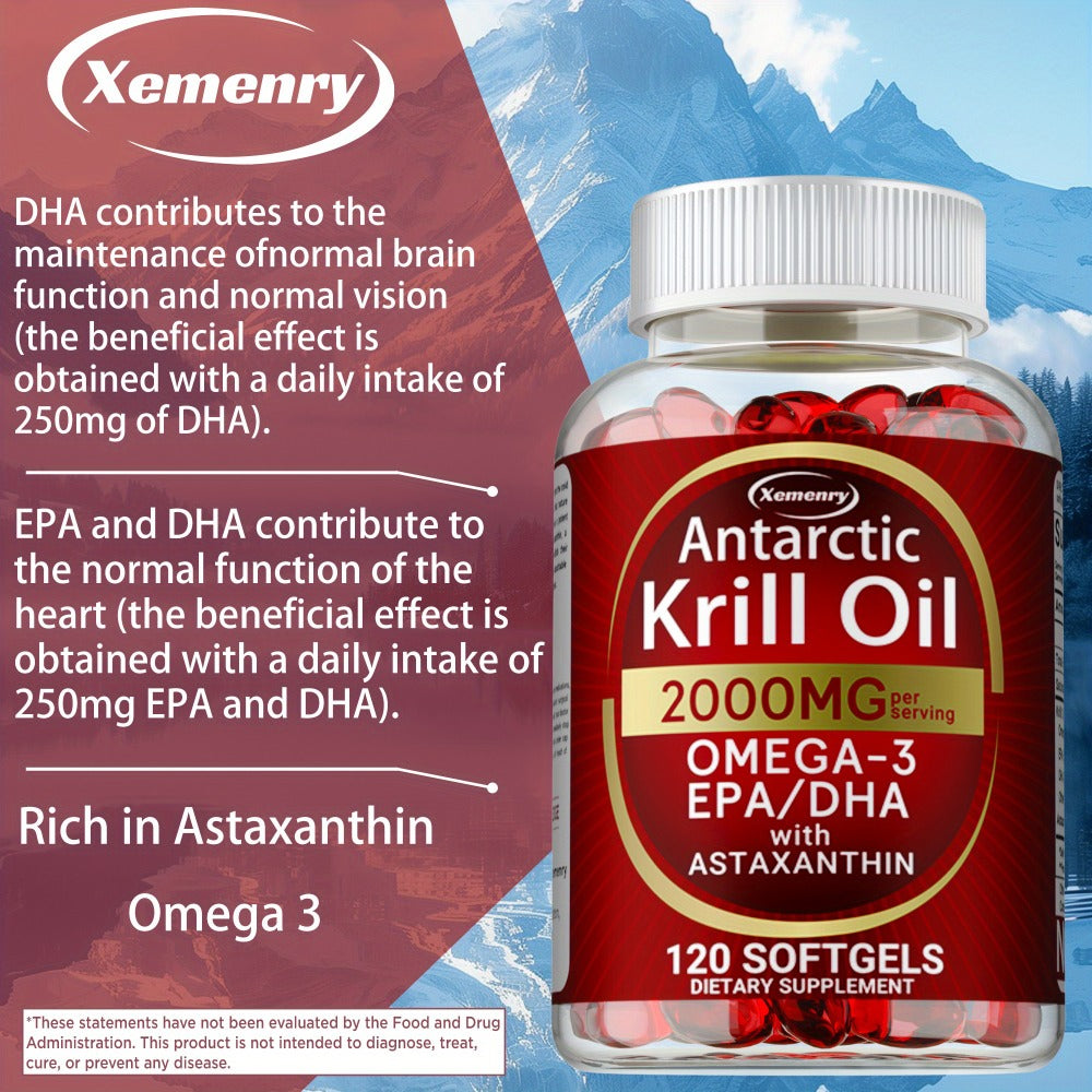 Antarctic Krill Oil 2000mg Softgels 120 Count with Astaxanthin EPA & DHA — High Absorption Omega-3 for Bone Immune Heart & Joint Health Support for Women and Men Gluten-Free