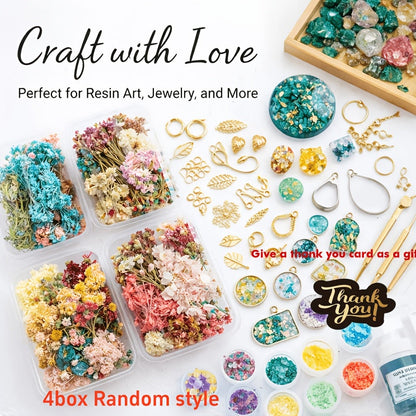 Four-Box Random Dried Flower Craft Set for Resin Jewelry, Candles and Cards with Mixed Color Assortment