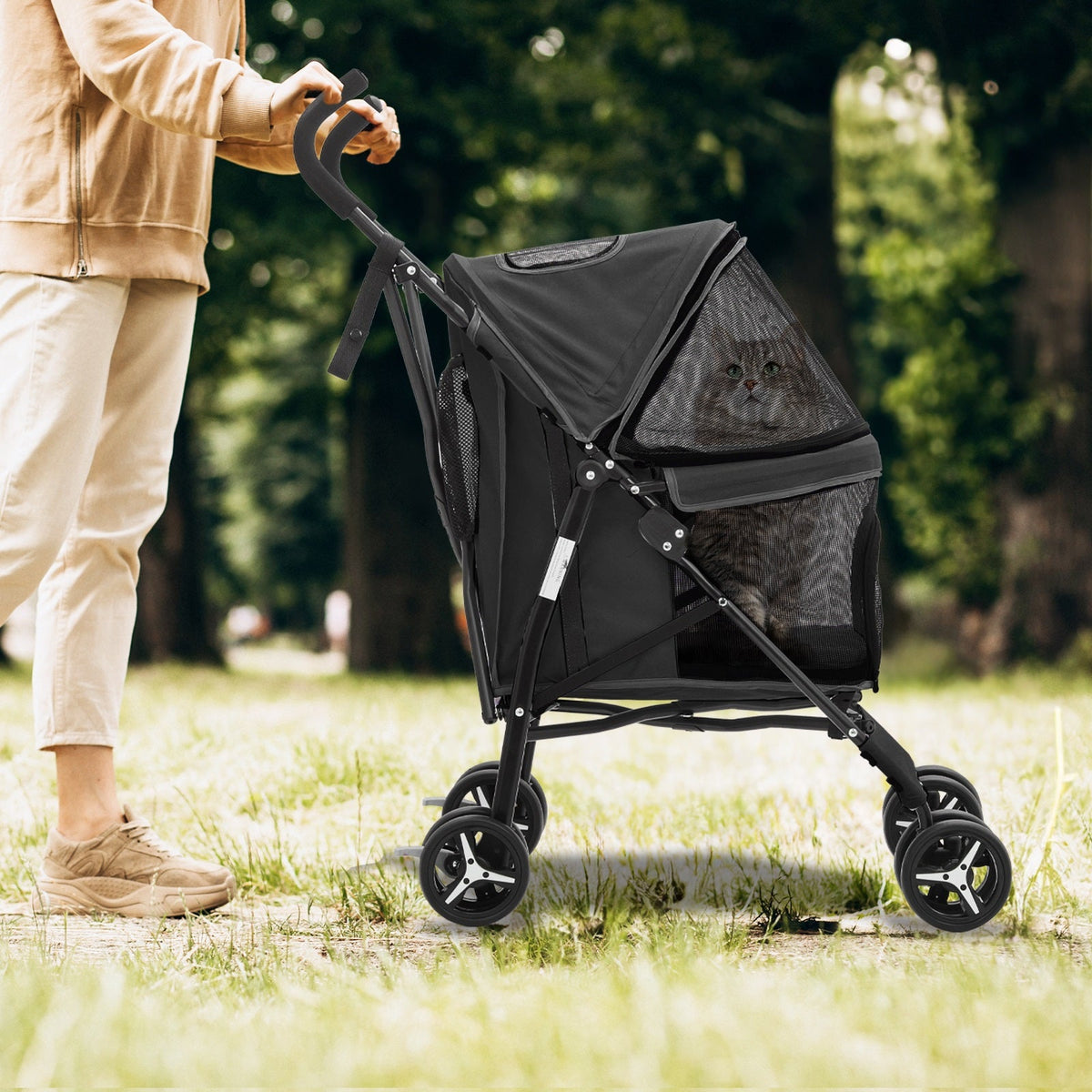 Four-Wheel Pet Stroller with Mesh Cabin, Folding Frame, Lower Basket and Ten Color or Print Options