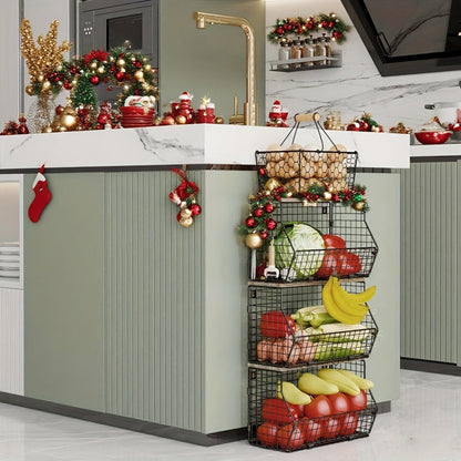Stackable Metal Wire Fruit Basket with Lid, 1 or 2-Tier Hanging Kitchen Pantry Storage Bin