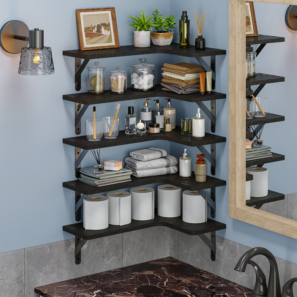 Corner Wall Shelf Set with L-Shaped Boards, Metal Brackets, Five- or Six-Piece Options and Seven Finishes