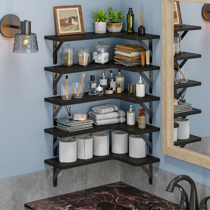 Corner Wall Shelf Set with L-Shaped Boards, Metal Brackets, Five- or Six-Piece Options and Seven Finishes