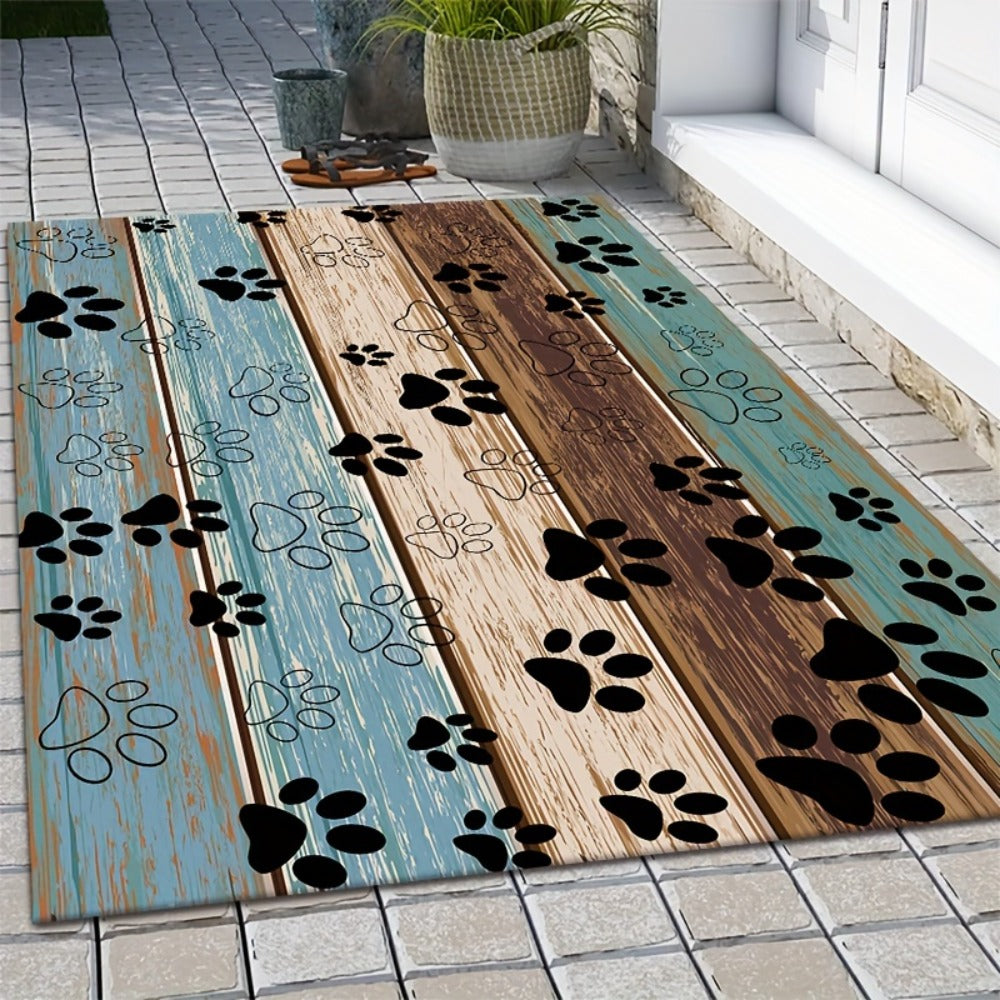 Cat Paw Print Door Mat with Blue and Brown Wood-Look Bands in Three Rectangular Entryway Sizes